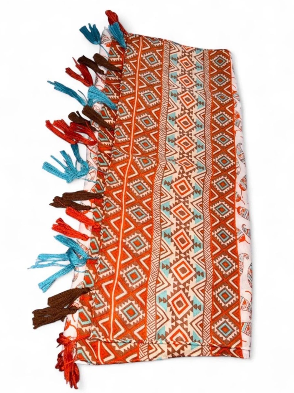 Patterned Orange Tassel Wrap Scarf